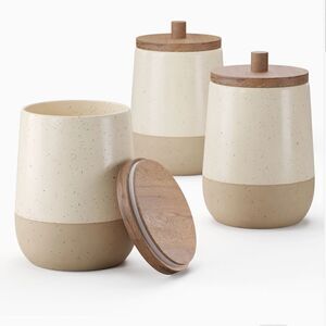 Farmhouse Ceramic Canister Set Country Cottage Beige Wooden Lids Eclectic